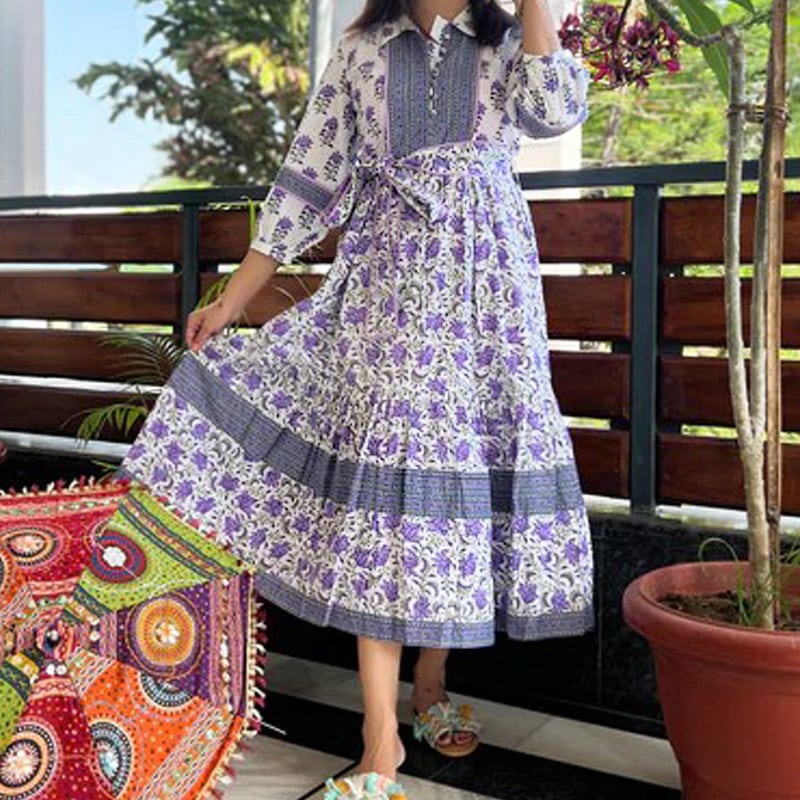 ハンドブロックプリント ワンピース JM-233PP ウエストリボン/パープル