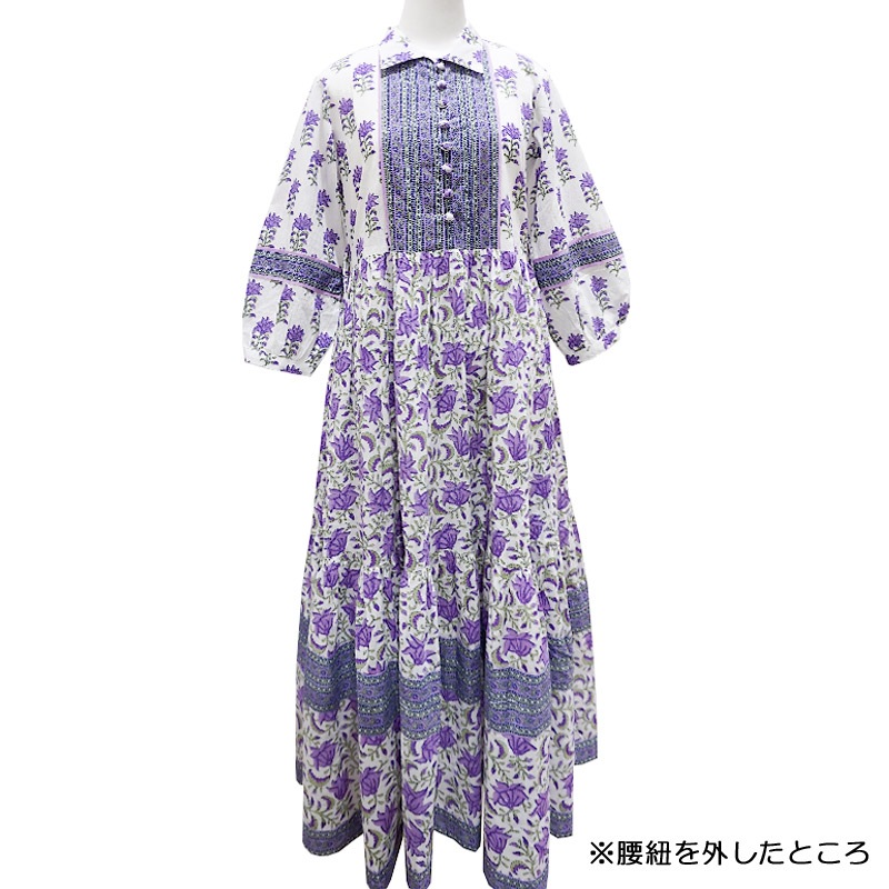 ハンドブロックプリント ワンピース JM-233PP ウエストリボン/パープル