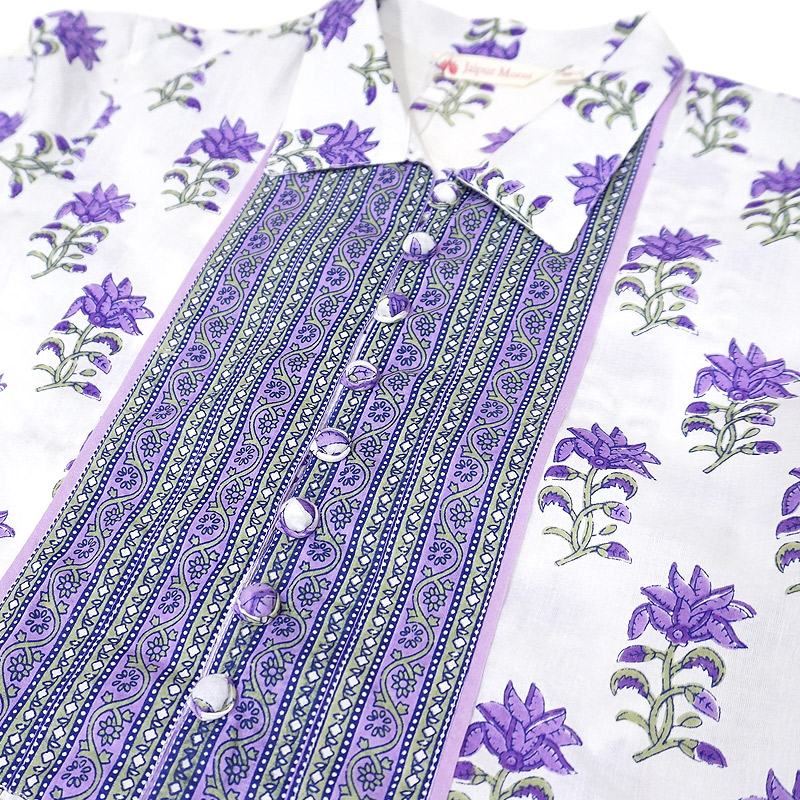 ハンドブロックプリント ワンピース JM-233PP ウエストリボン/パープル