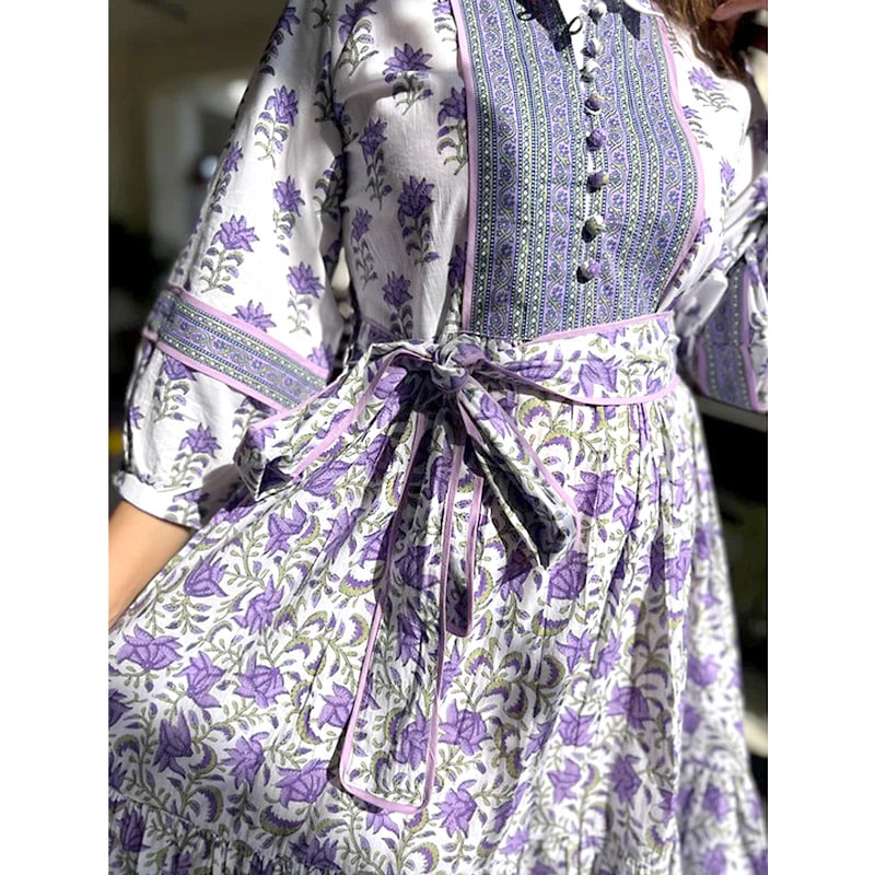 ハンドブロックプリント ワンピース JM-233PP ウエストリボン/パープル