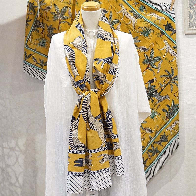 ブロックプリントコットンストール（マルチクロス） エジプシャンキャット/イエロー　IBP-SCF-CATYL