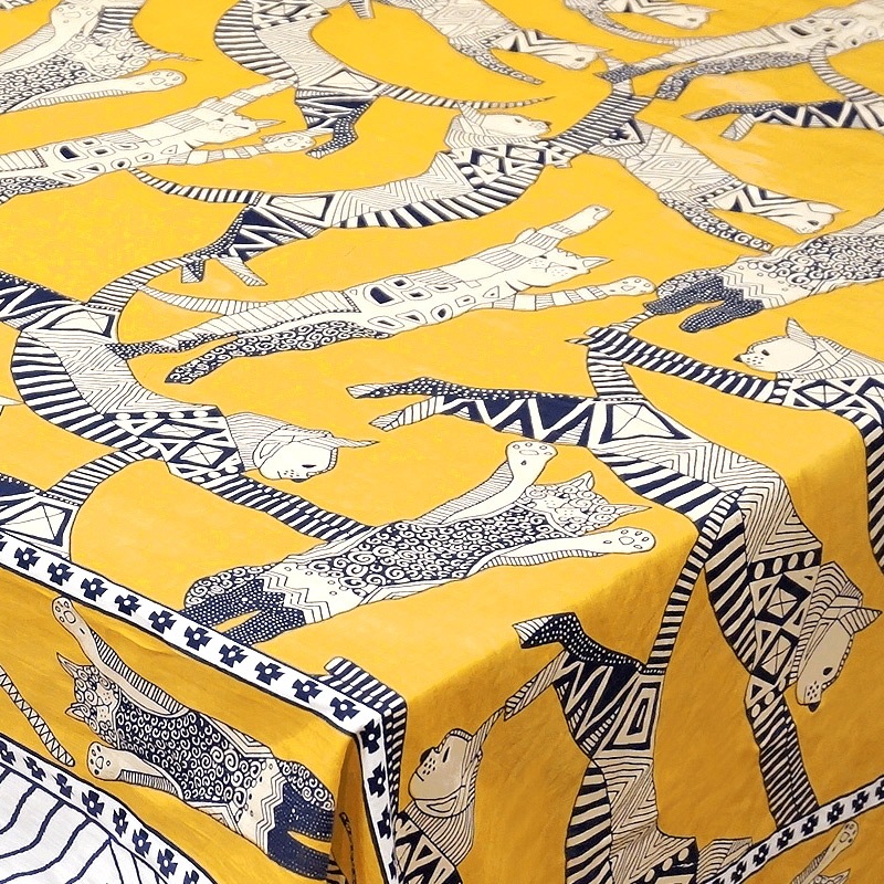 ブロックプリントコットンストール（マルチクロス） エジプシャンキャット/イエロー　IBP-SCF-CATYL