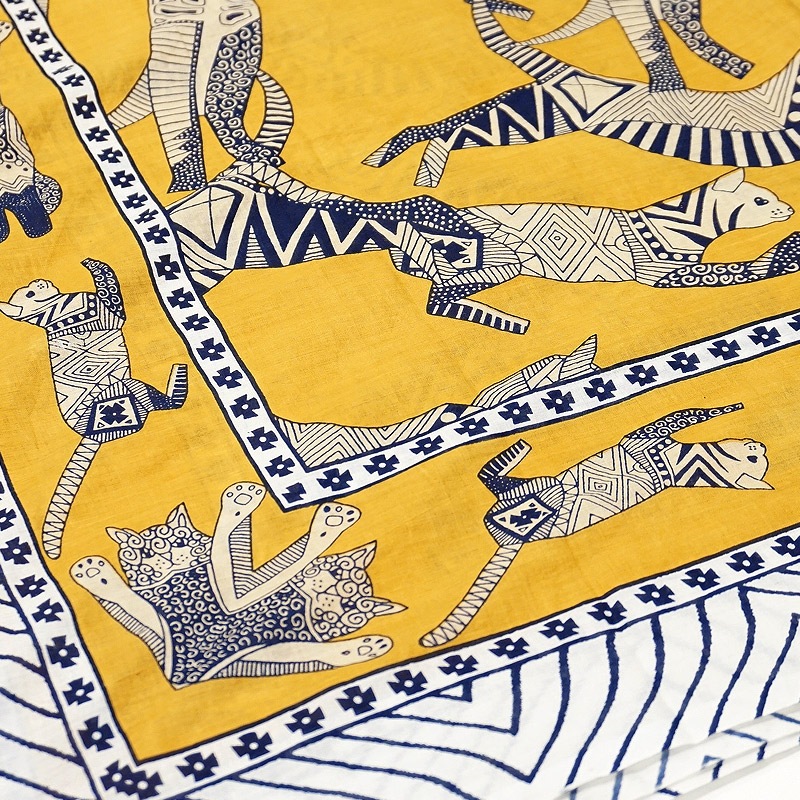 ブロックプリントコットンストール（マルチクロス） エジプシャンキャット/イエロー　IBP-SCF-CATYL