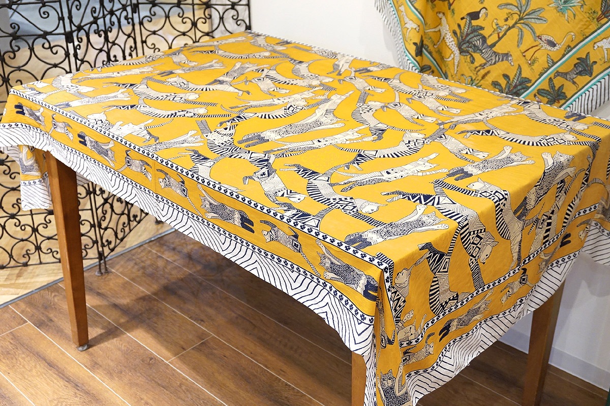 ブロックプリントコットンストール（マルチクロス） エジプシャンキャット/イエロー　IBP-SCF-CATYL