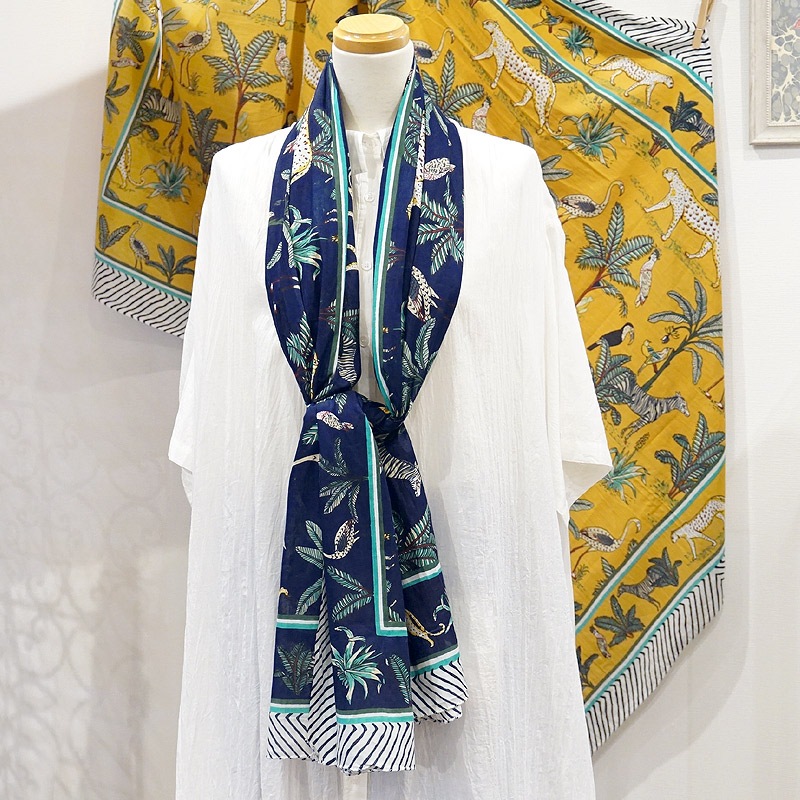 ブロックプリントコットンストール（マルチクロス） ジャングル/ネイビーブラック　IBP-SCF-JGLBK