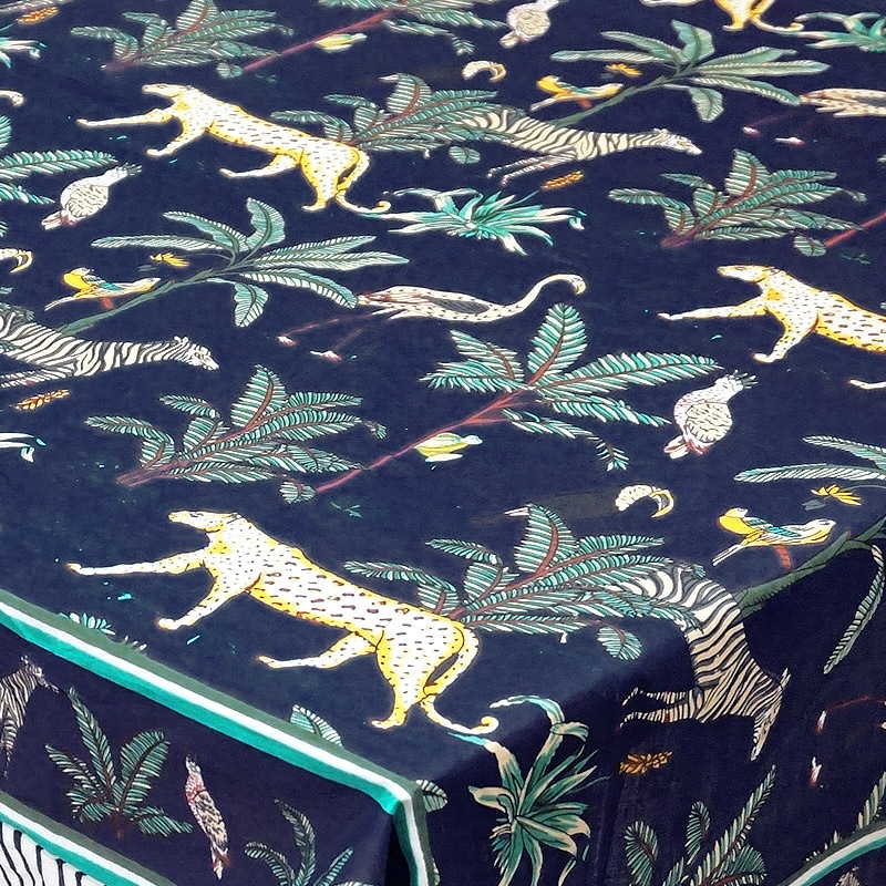 ブロックプリントコットンストール（マルチクロス） ジャングル/ネイビーブラック　IBP-SCF-JGLBK