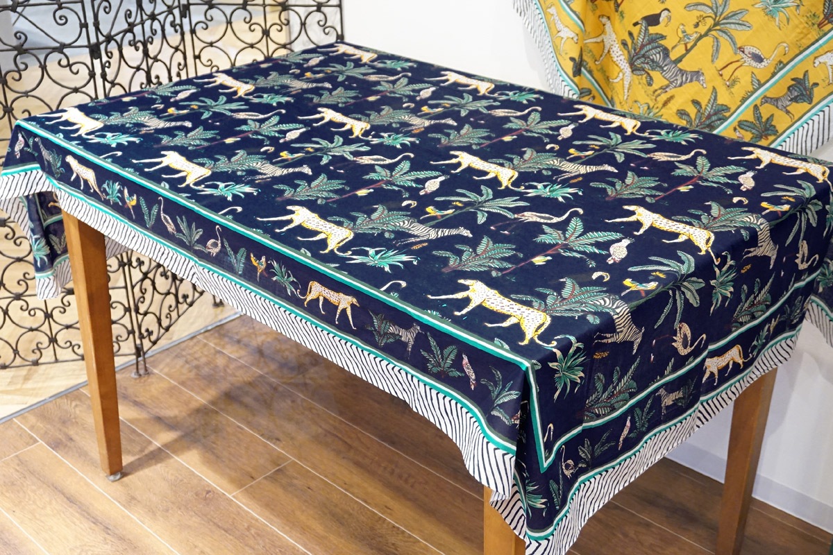 ブロックプリントコットンストール（マルチクロス） ジャングル/ネイビーブラック　IBP-SCF-JGLBK