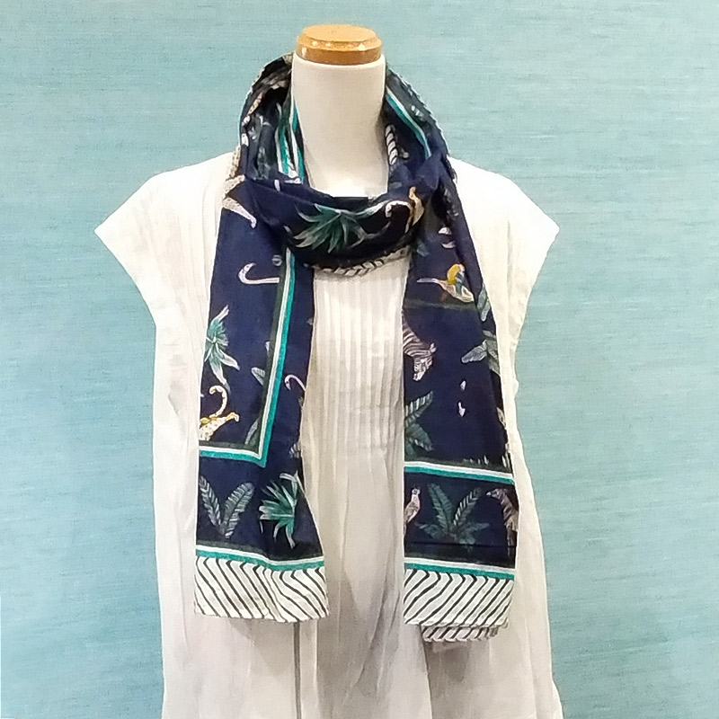 ブロックプリントコットンストール（マルチクロス） ジャングル/ネイビーブラック　IBP-SCF-JGLBK