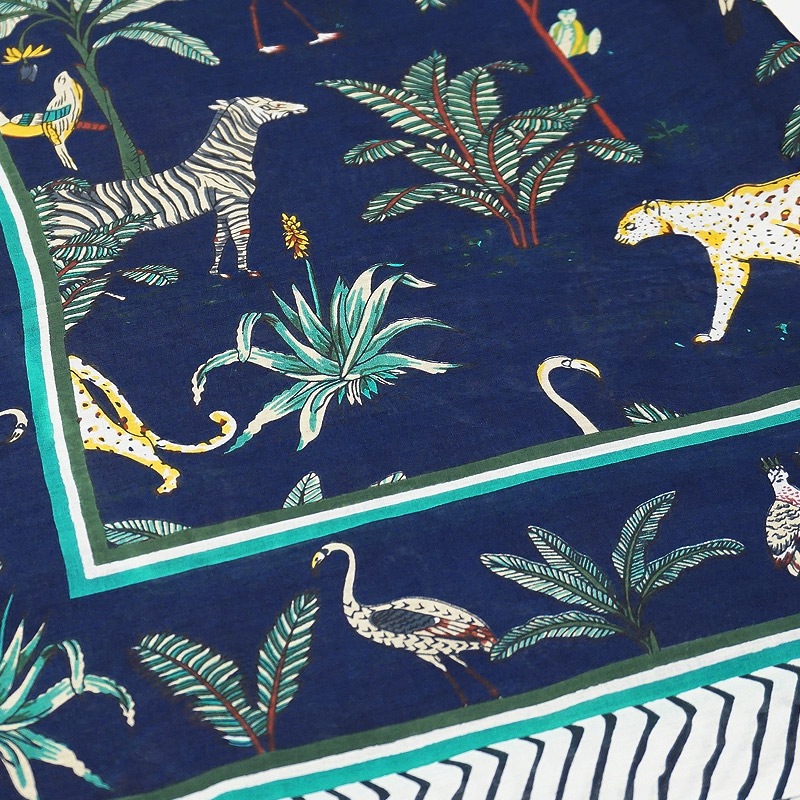 ブロックプリントコットンストール（マルチクロス） ジャングル/ネイビーブラック　IBP-SCF-JGLBK