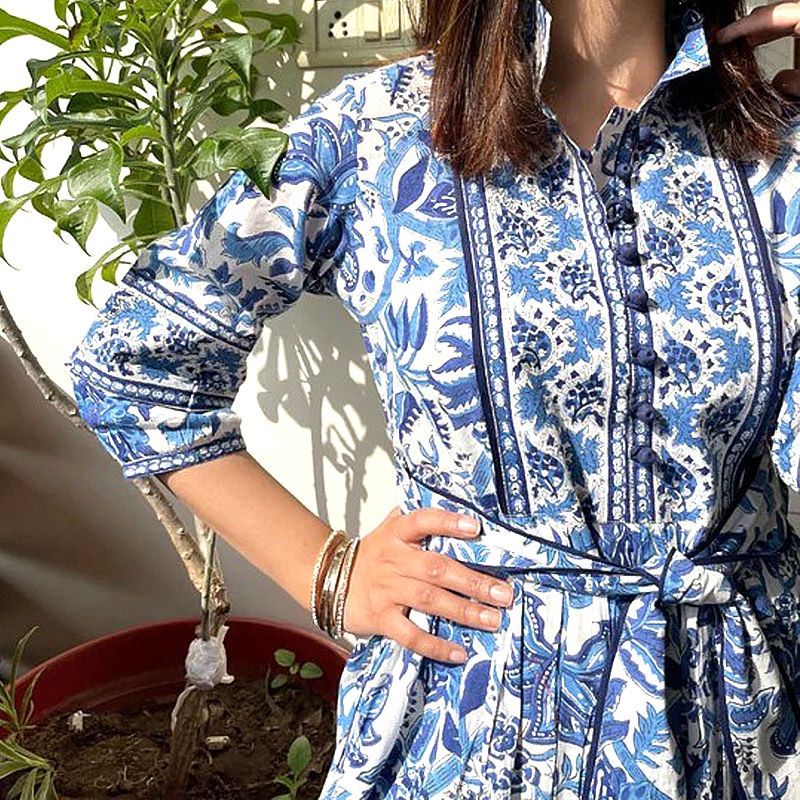 ハンドブロックプリント ワンピース JM-233BL ウエストリボン/ブルー