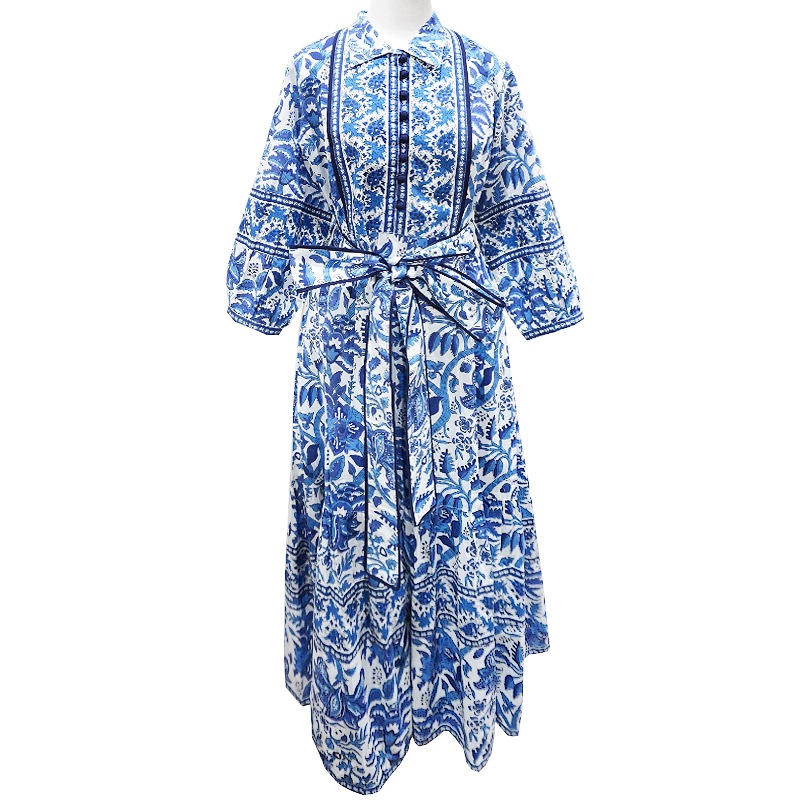 ハンドブロックプリント ワンピース JM-233BL ウエストリボン/ブルー