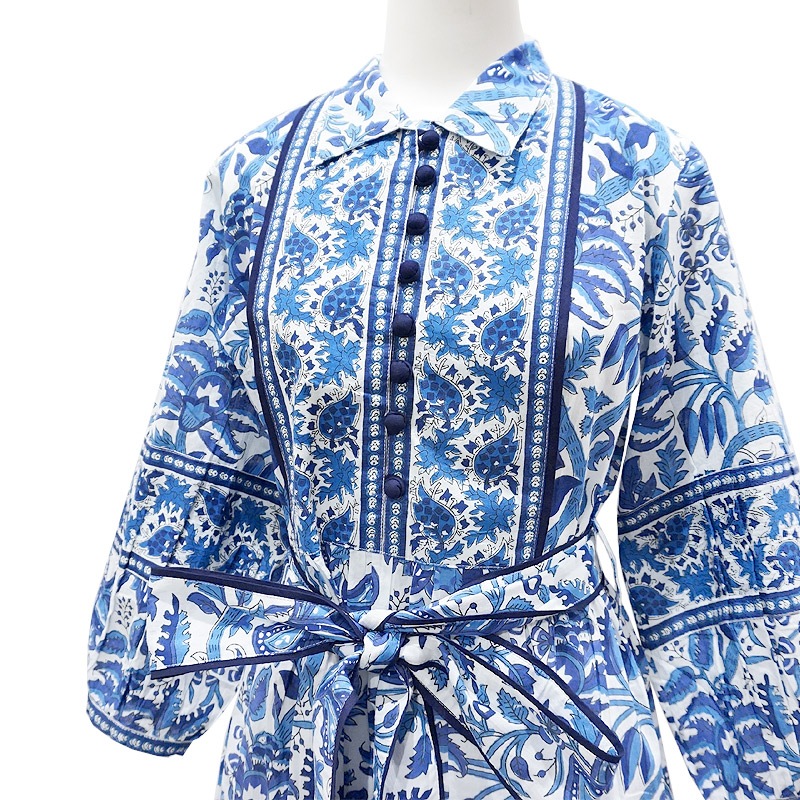 ハンドブロックプリント ワンピース JM-233BL ウエストリボン/ブルー