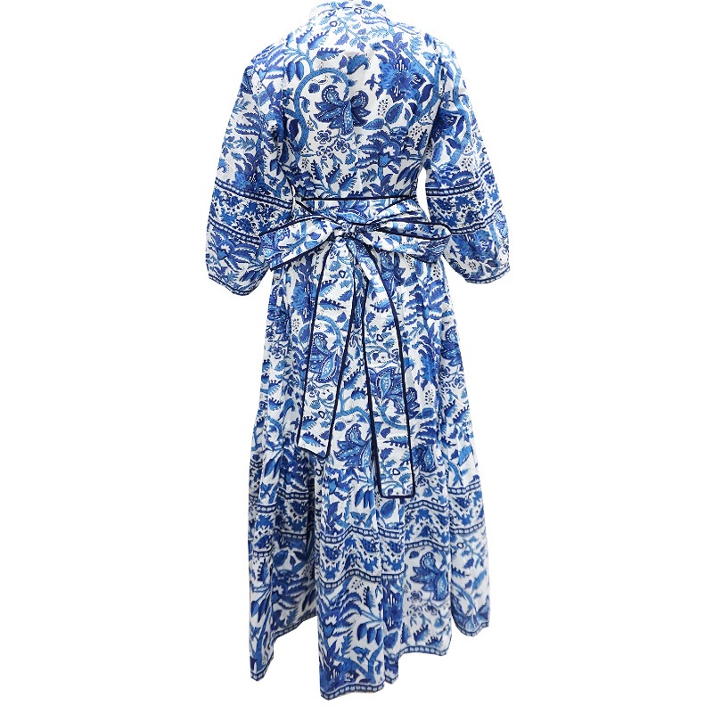 ハンドブロックプリント ワンピース JM-233BL ウエストリボン/ブルー