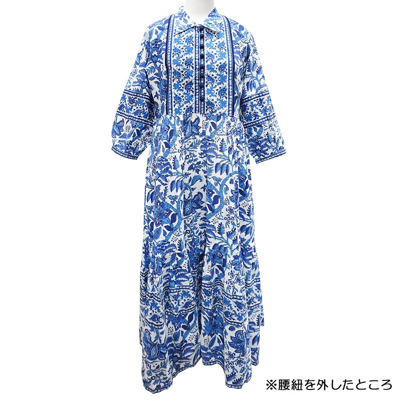 くーたん　ウエストリボン チェーンプリント ワンピース 定価3.6万円 ハンドブロックプリント ワンピース JM-233BL ウエストリボン/ブルー