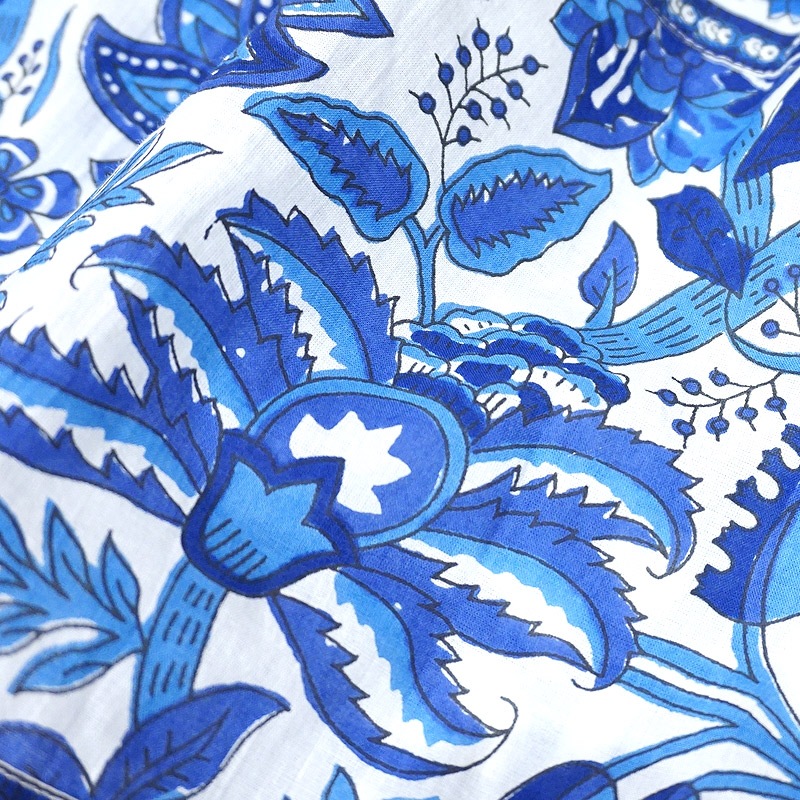 ハンドブロックプリント ワンピース JM-233BL ウエストリボン/ブルー