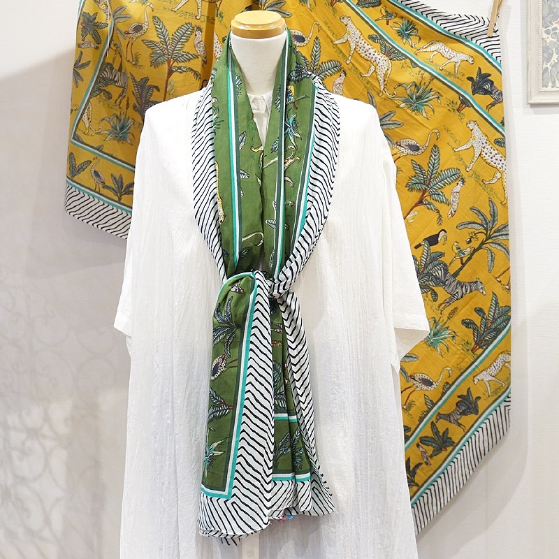 ブロックプリントコットンストール（マルチクロス） ジャングル/グリーン　IBP-SCF-JGLGR