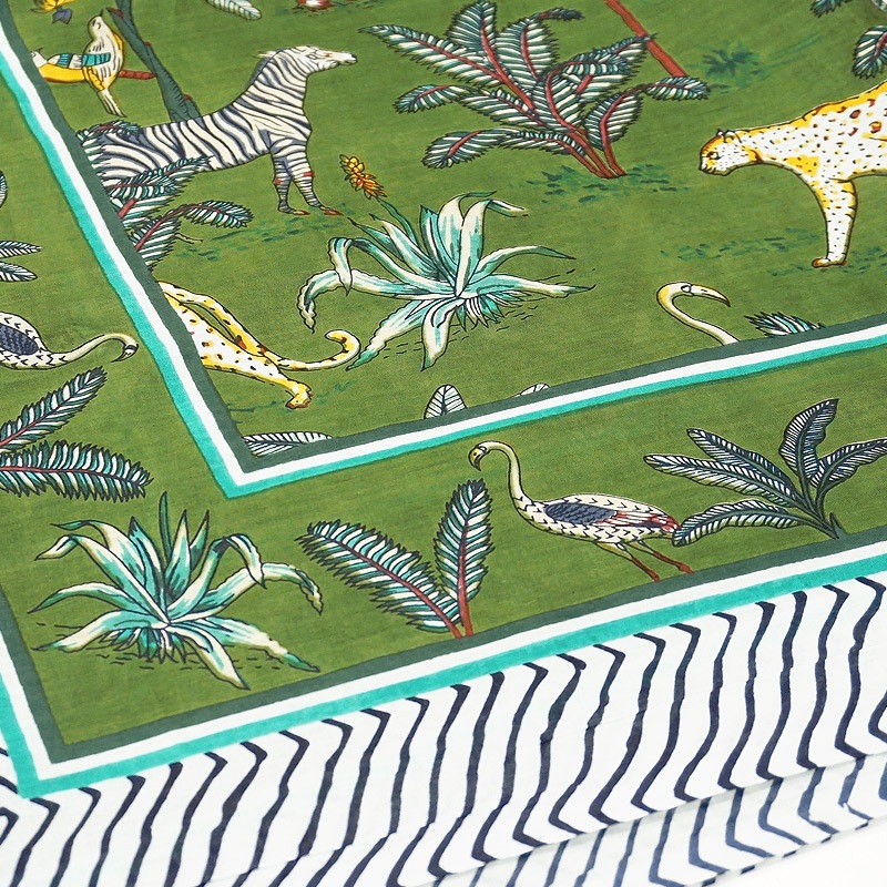 ブロックプリントコットンストール（マルチクロス） ジャングル/グリーン　IBP-SCF-JGLGR