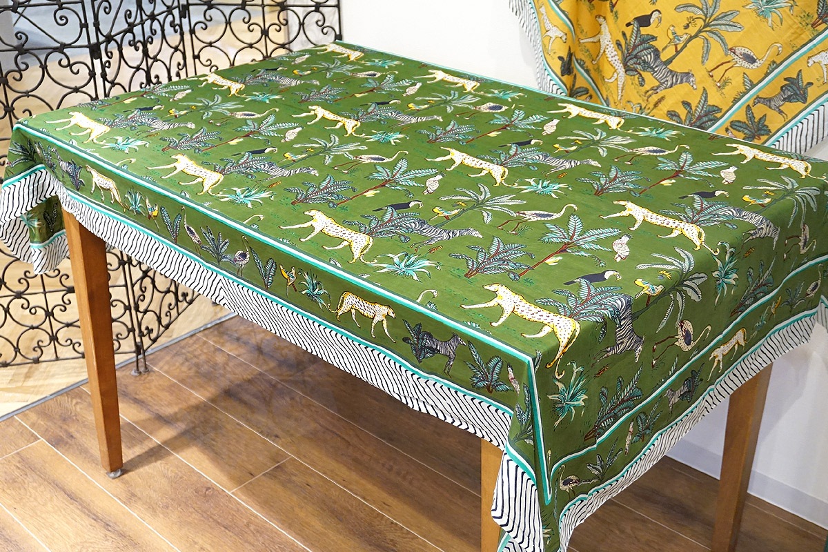 ブロックプリントコットンストール（マルチクロス） ジャングル/グリーン　IBP-SCF-JGLGR