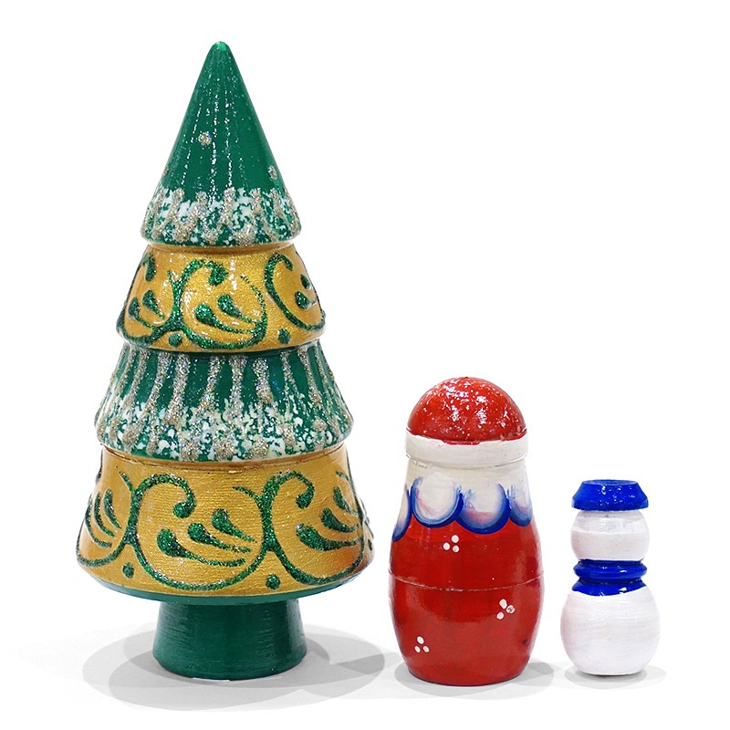 ロシア　ツリー型 クリスマス マトリョーシカ（3P）緑×金 MAT-175