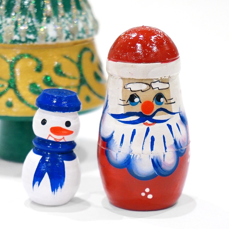 ロシア　ツリー型 クリスマス マトリョーシカ（3P）緑×金 MAT-175