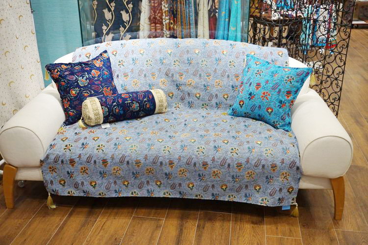 トルコ製マルチカバー(ベッドカバー)◆シングルサイズ◆MC-S-ZKGY　ざくろ柄/ブルーグレイ