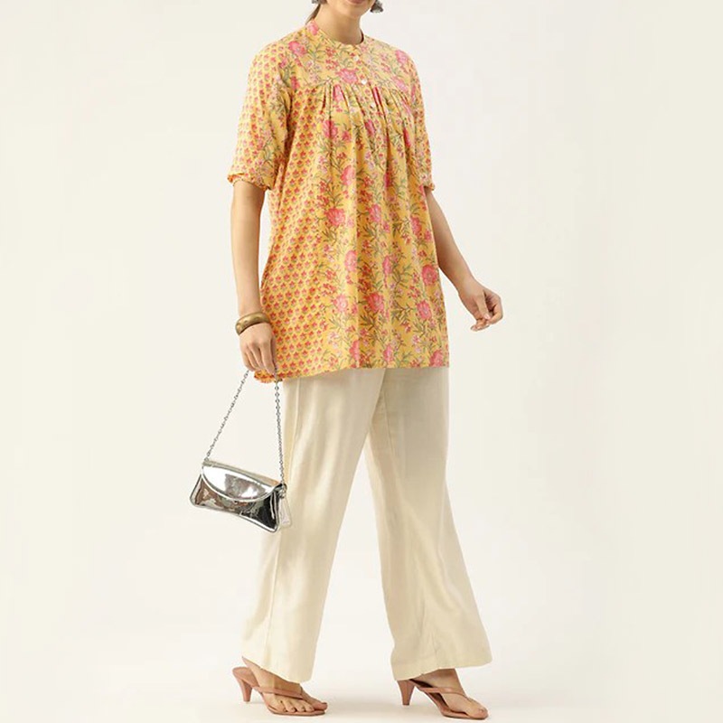 ハンドブロックプリント　ブラウス　JM-253YL　半袖チュニック/イエロー