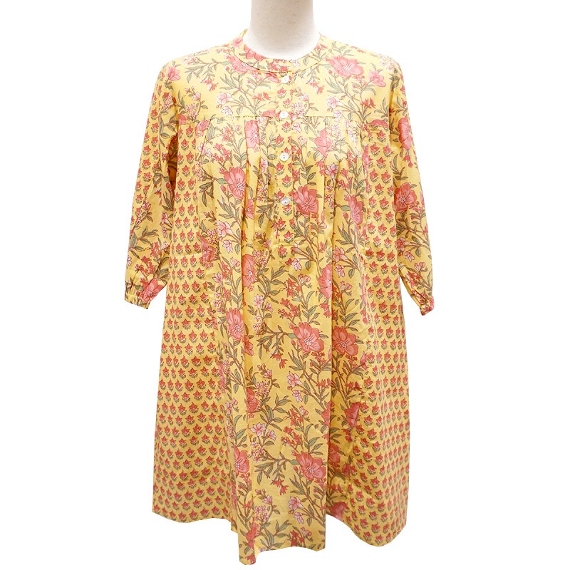 ハンドブロックプリント　ブラウス　JM-253YL　半袖チュニック/イエロー