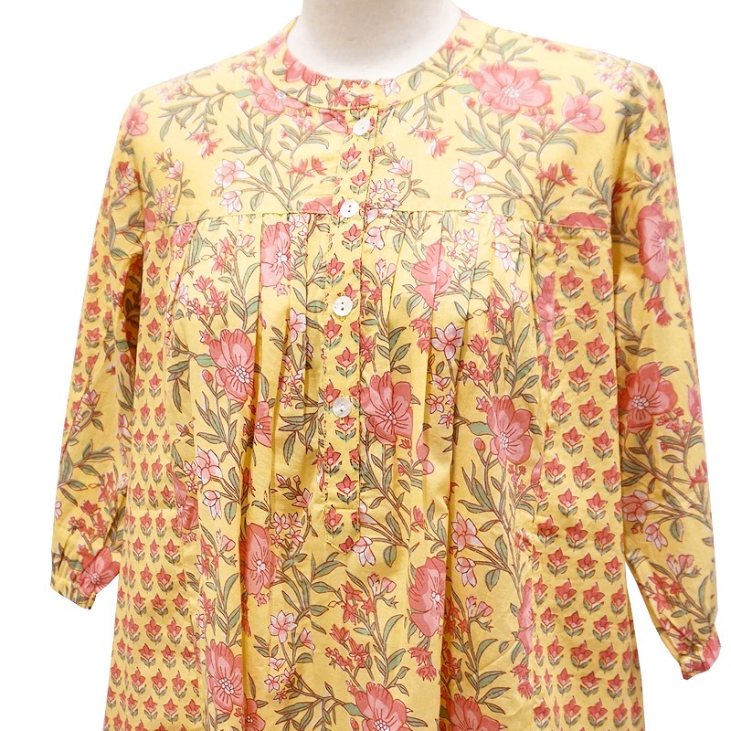 ハンドブロックプリント　ブラウス　JM-253YL　半袖チュニック/イエロー