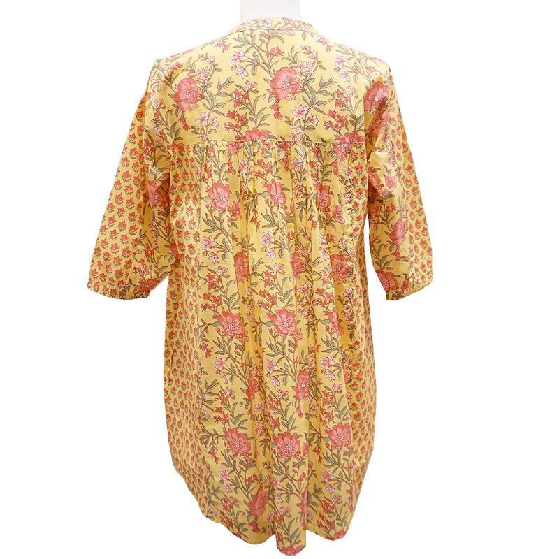 ハンドブロックプリント　ブラウス　JM-253YL　半袖チュニック/イエロー