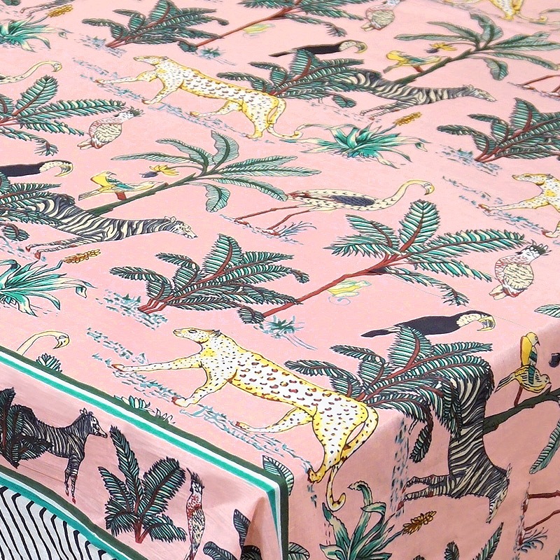 ブロックプリントコットンストール（マルチクロス） ジャングル/ピンク　IBP-SCF-JGLPK