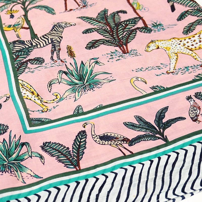 ブロックプリントコットンストール（マルチクロス） ジャングル/ピンク　IBP-SCF-JGLPK
