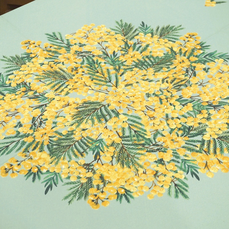 フランス製 コットン撥水テーブルクロス ミモザ/グリーン 円形180cm