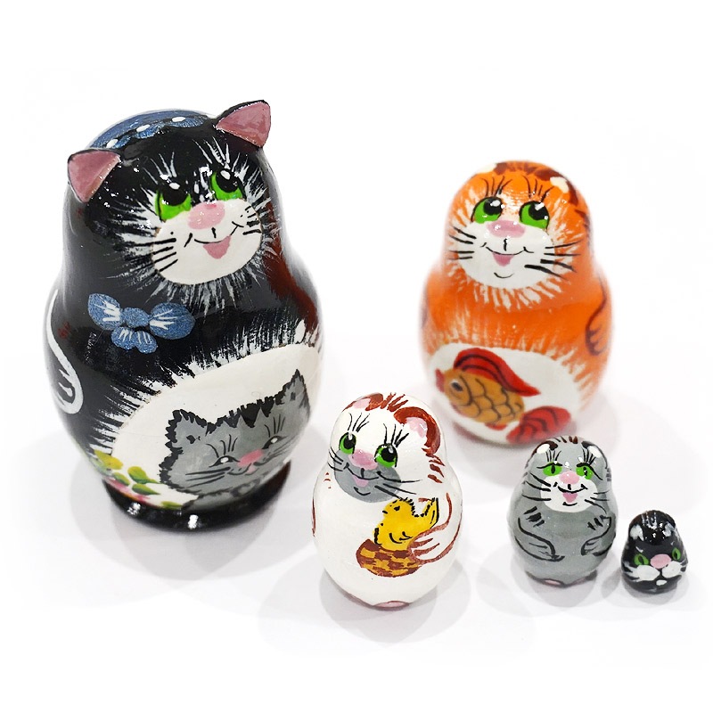 ロシア　ミニマトリョーシカ　ネコ/黒（5P）　MAT-163