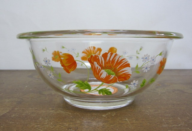 岩城硝子 PYREX パイレックス ボール 中 ポピー花柄 1.5L | 昭和レトロ