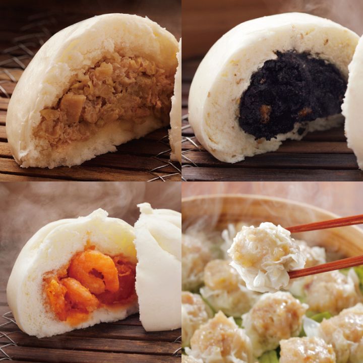 お試し点心セット（化粧箱なし）送料込み ブタまん・クルミ入り黒ゴマあんまん・エビチリまん・エビ入りシウマイの詰め合わせ