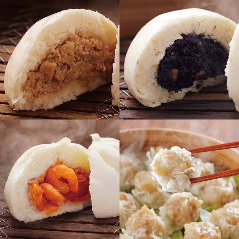 お試し点心セット（化粧箱なし）送料込み ブタまん・クルミ入り黒ゴマあんまん・エビチリまん・エビ入りシウマイの詰め合わせ