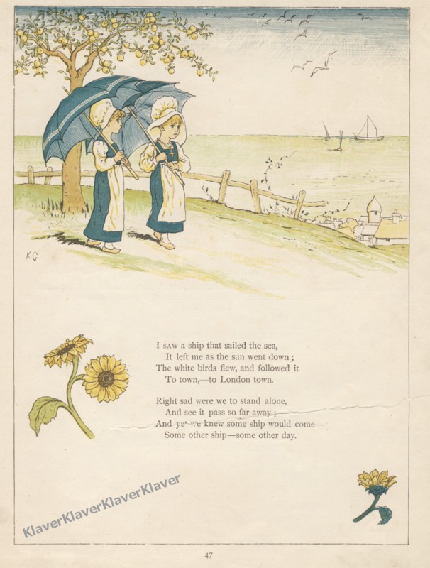 ケイト・グリーナウェイ「窓の下で」原本No.47 海の彼方のお舟(額装つき)