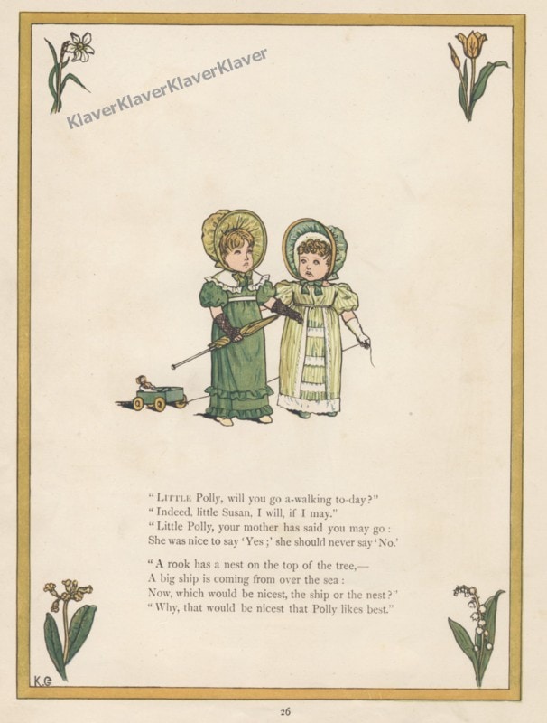 ケイト・グリーナウェイ「窓の下で」原本No.26 一緒にお散歩 (額装つき）