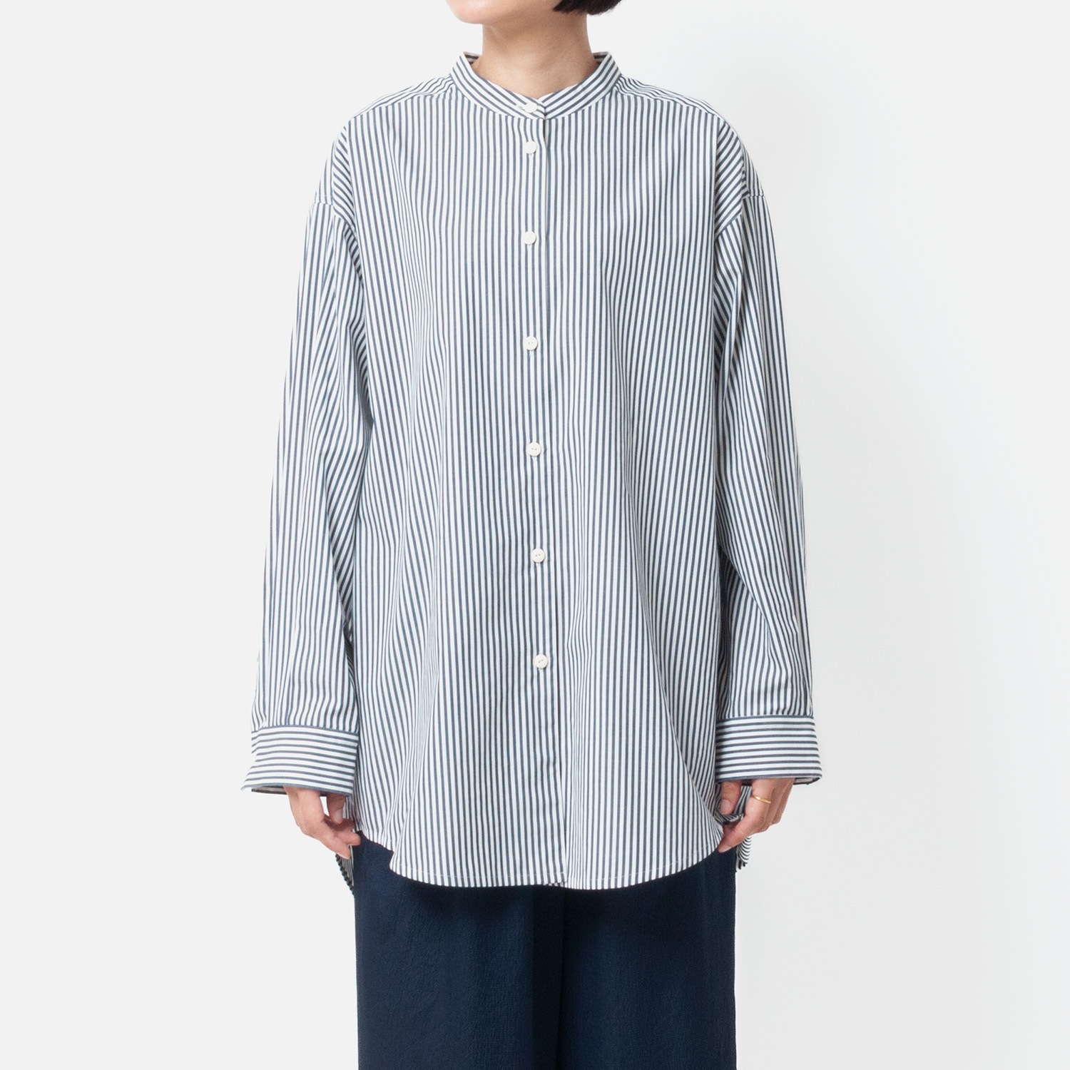 [Harriss] Band-collar long shirt_Navy blue(50)