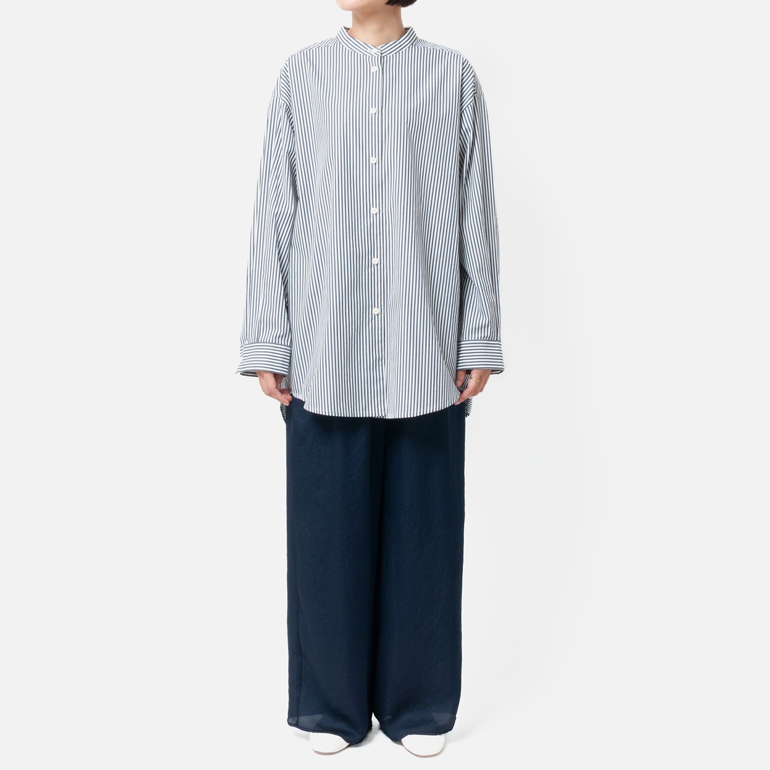 [Harriss] Band-collar long shirt_Navy blue(50)