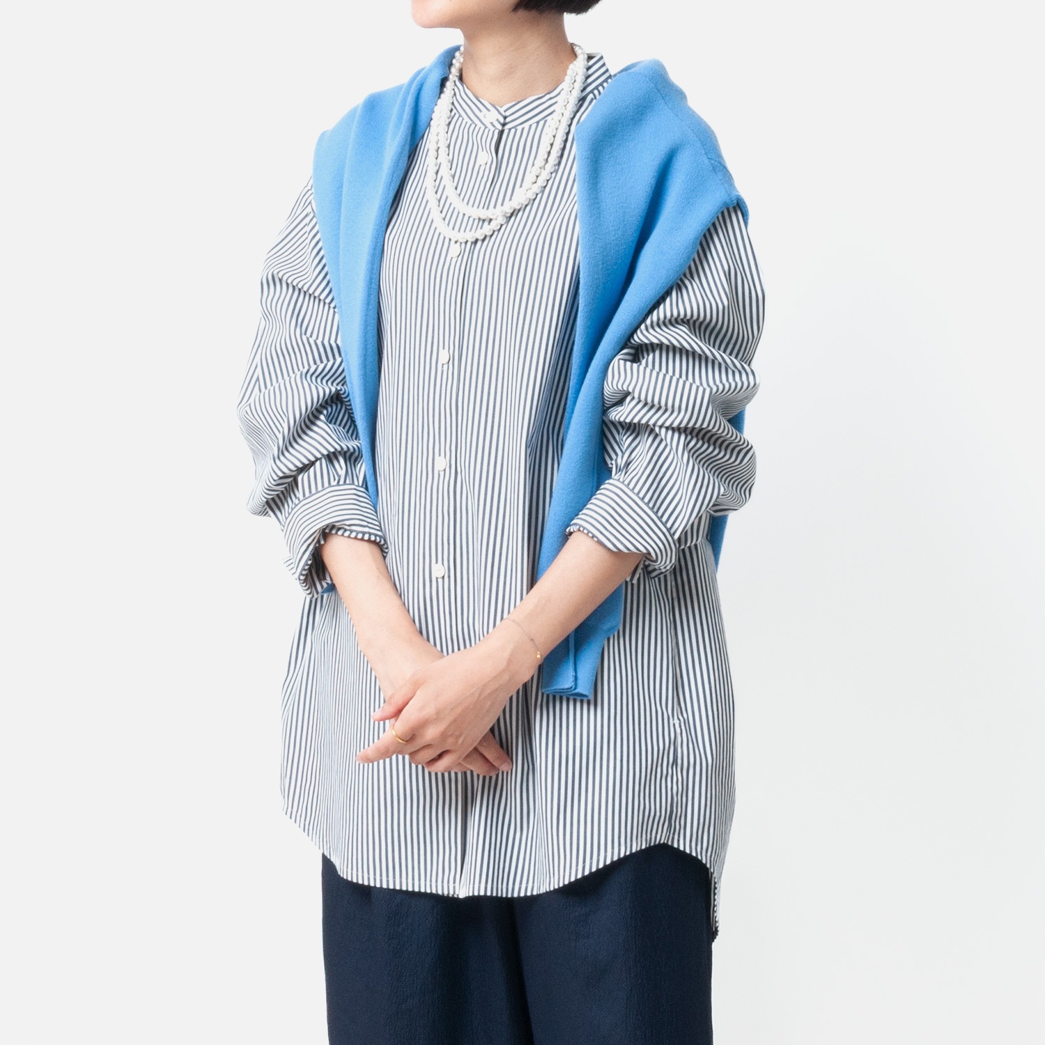 [Harriss] Band-collar long shirt_Navy blue(50)