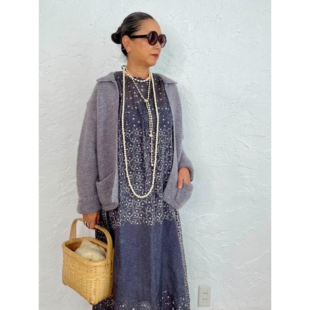 [Harriss  Keiko Okamoto] Kid mohair blend crew neck cardigan_Gray(82)