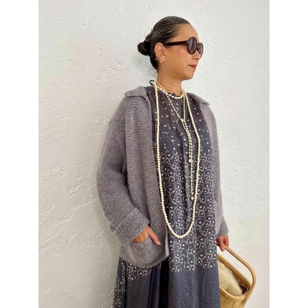 [Harriss  Keiko Okamoto] Kid mohair blend crew neck cardigan_Gray(82)