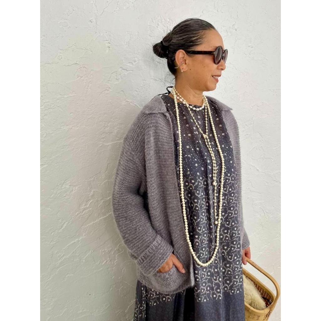 [Harriss  Keiko Okamoto] Kid mohair blend crew neck cardigan_Gray(82)