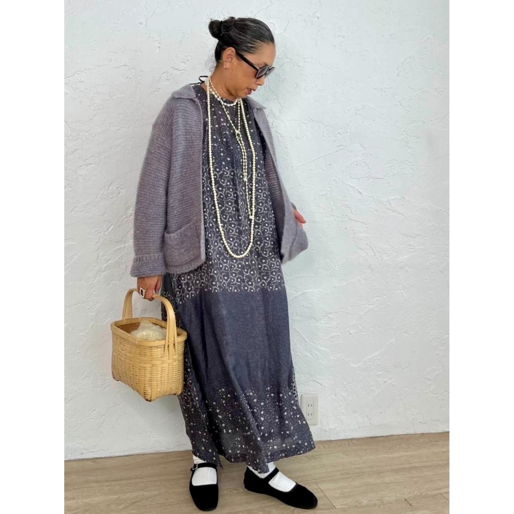 [Harriss  Keiko Okamoto] Kid mohair blend crew neck cardigan_Gray(82)