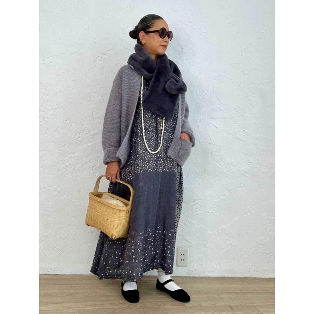 [Harriss  Keiko Okamoto] Kid mohair blend crew neck cardigan_Gray(82)