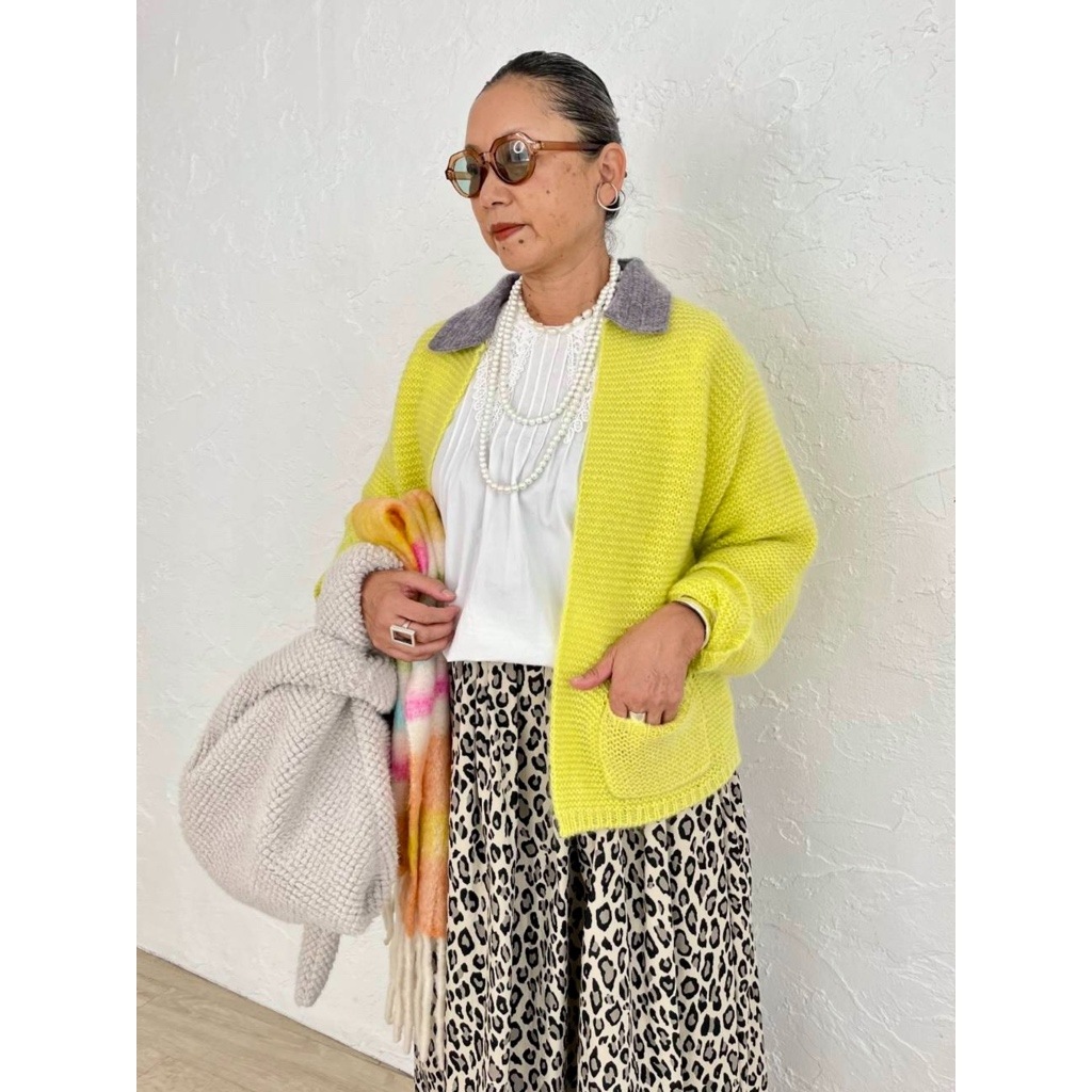 [Harriss  Keiko Okamoto] Kid mohair blend crew neck cardigan_Lemon Yellow(12)