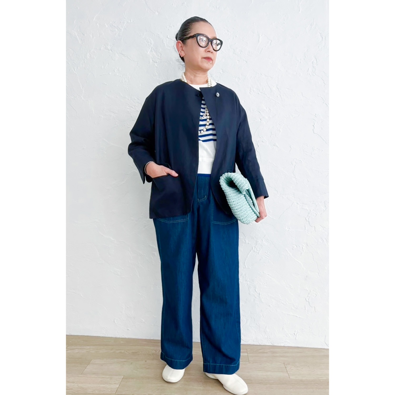 [Harriss �� Keiko Okamoto] No Collar Cardigan Blouson_Navy blue(50)