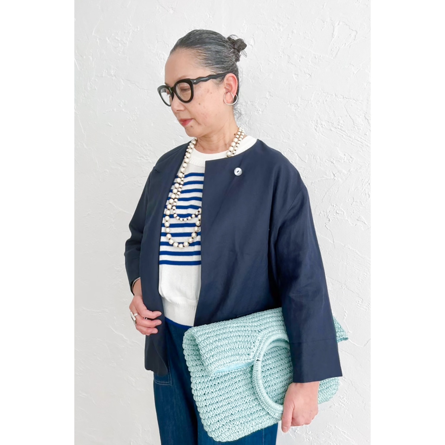[Harriss �� Keiko Okamoto] No Collar Cardigan Blouson_Navy blue(50)