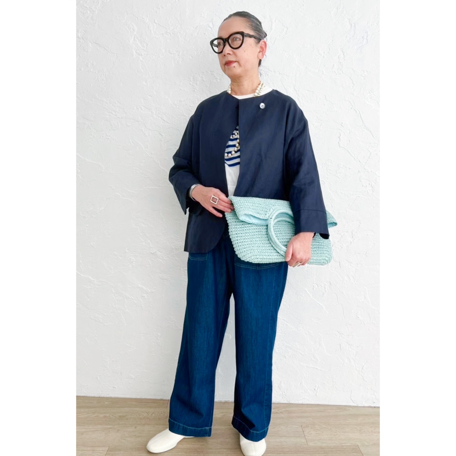 [Harriss �� Keiko Okamoto] No Collar Cardigan Blouson_Navy blue(50)